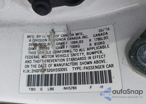 2016 Honda Civic Lx z USA, uszkodzony, nr VIN 2HGFC2F52GH550095